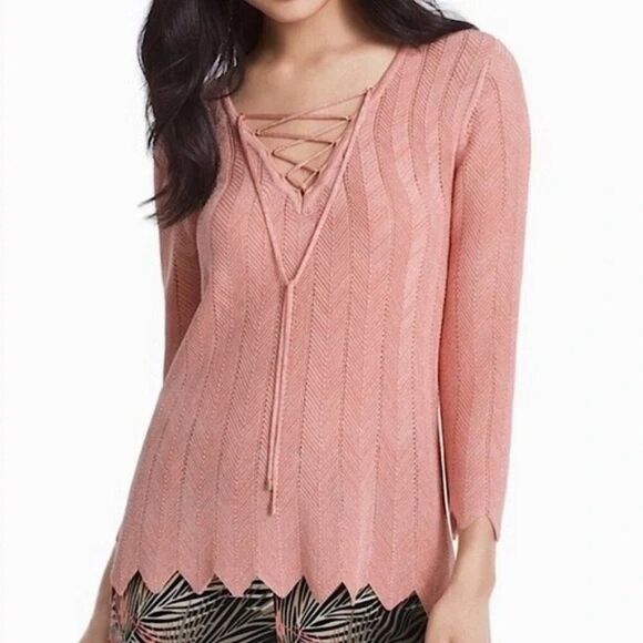 White House Black Market Lace Up Metallic Sweater Pink Sweater Size Small - Picture 1 of 8